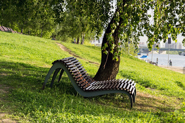 Wooden loungers under a shady tree in the park