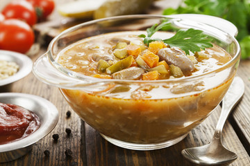 Rassolnik with chicken giblets