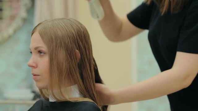 Female hairdresser hold in hand between fingers lock of hair, comb and scissors closeup. Trim the tips of the hair by scissors. stages of hair salon haircuts. wash hair before the haircut.