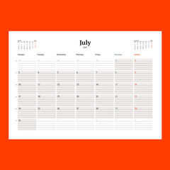 Calendar planner template for July 2017. Week starts on Monday. Design print vector template isolated on color background