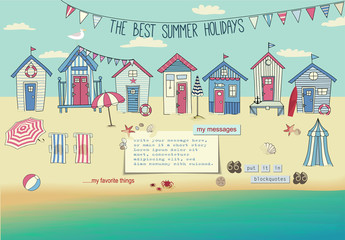 Beach Houses - Neat row of tiny huts and cabanas on a sandy beach