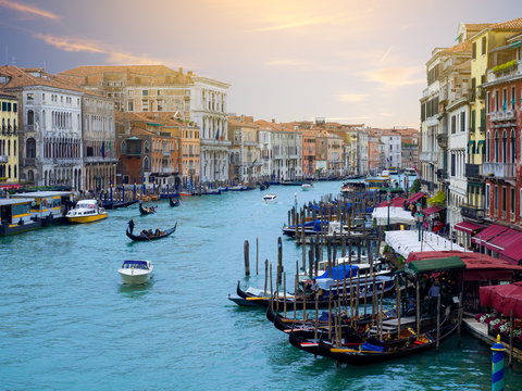 Grand Canal with gondolas in Venice, Italy. Cityscape image of Grand Canal in Venice.