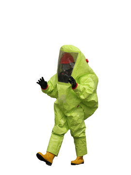 Man with a yellow protective suit on white background