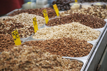 Dry nuts on the market in Jerusalem, Israel