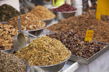 Spices, ferbs and dry fruits on the market in Jerusalem, Israel
