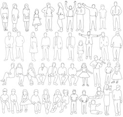 Fototapeta premium Vector, isolated, outlines of people, man, girls, children, collection, sketch, outline