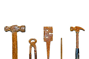 Set of craftsman tool and hammer, pliers, wrench, nail, rasp on the white background