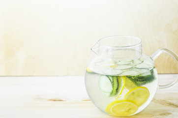 Sassy diet water. Detox drink. Fresh cold water with lemon and cucumber. Picture with space for text or logo