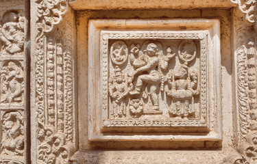 Fototapeta na wymiar Dancing woman on Indian wood carvings on door of the Palace of Mysore, built in 1912 in India