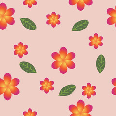 Breezy seamless pattern with frangipani. Blossom and leaves of Plumeria on pink background can be used for design of textile, print, wrapping paper or computer wallpaper. Spring or summer backdrop