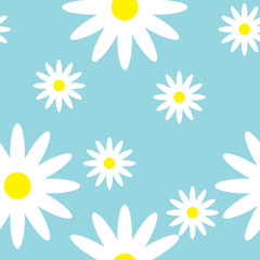 Breezy seamless pattern with daisies. Blossom of camomile on light blue background can be used for design of textile, print, wrapping paper or computer wallpaper. Spring or summer backdrop
