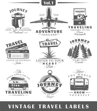 Set of vintage travel labels isolated on white background. Posters, stamps, banners and design elements. Vector illustration