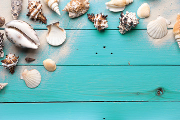 Fototapeta na wymiar Marine summer postcard. Seashells on turquoise wooden boards in the sand on the beach