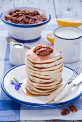 Homemade Pancakes with Maple Syrup and Pecan