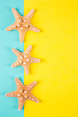 Fototapeta na wymiar Three starfishes on colored mint and yellow backgrounds with negative space, top view