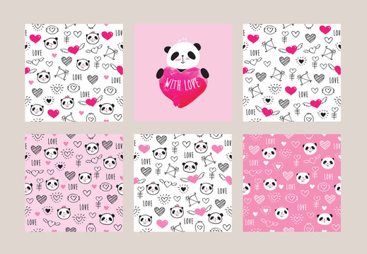Set of greeting card and seamless patterns with pandas and hearts for textile, wallpapers, gift wrap and scrapbook. Elements for mother's day, father's day, Valentine's Day, birthday. Vector.