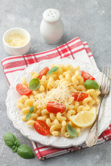Pasta with tomatoes, Basil and cheese on a white plate. Traditional Italian dinner. Selective focus