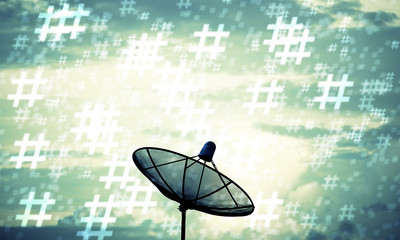 Silhouette Satellite dish and hashtag pattern. Communication technology network concept.