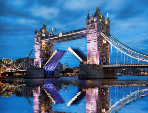 Famous Tower Bridge with open gate in the evening, London, England, UK