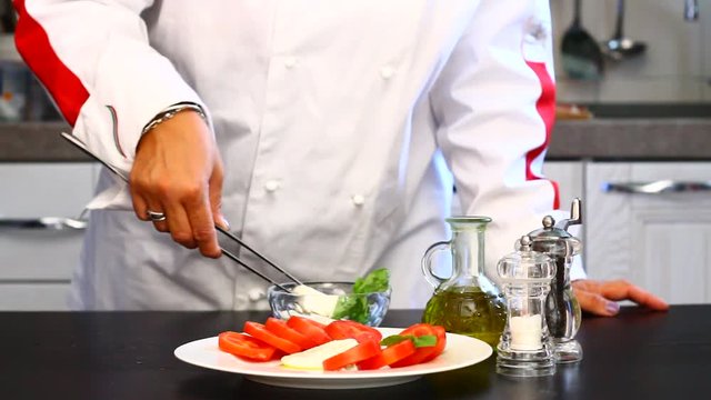 Professional cook prepares a plate with fresh tomatoes and mozzarella