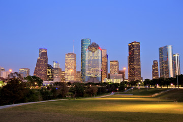 Obraz na płótnie Canvas Houston Downtown Skyline Illuminated at Blue Hour