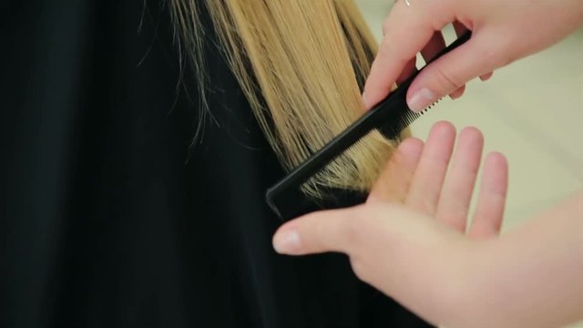 Female hairdresser hold in hand between fingers lock of hair, comb and scissors closeup. Trim the tips of the hair by scissors. stages of hair salon haircuts. wash hair before the haircut.