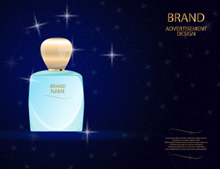 Glamorous perfume glass bottle on the sparkling effects background. Mock-up 3D Realistic Vector illustration