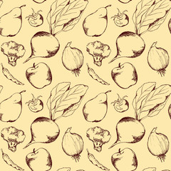 Vegetable fruit monochrome ink hand drawn seamless pattern texture background vector