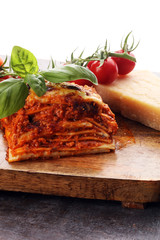 Serving of spicy traditional Italian beef lasagne in a restauran