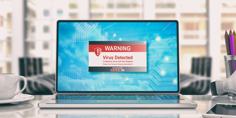 Virus detected message on laptop in an office. 3d illustration