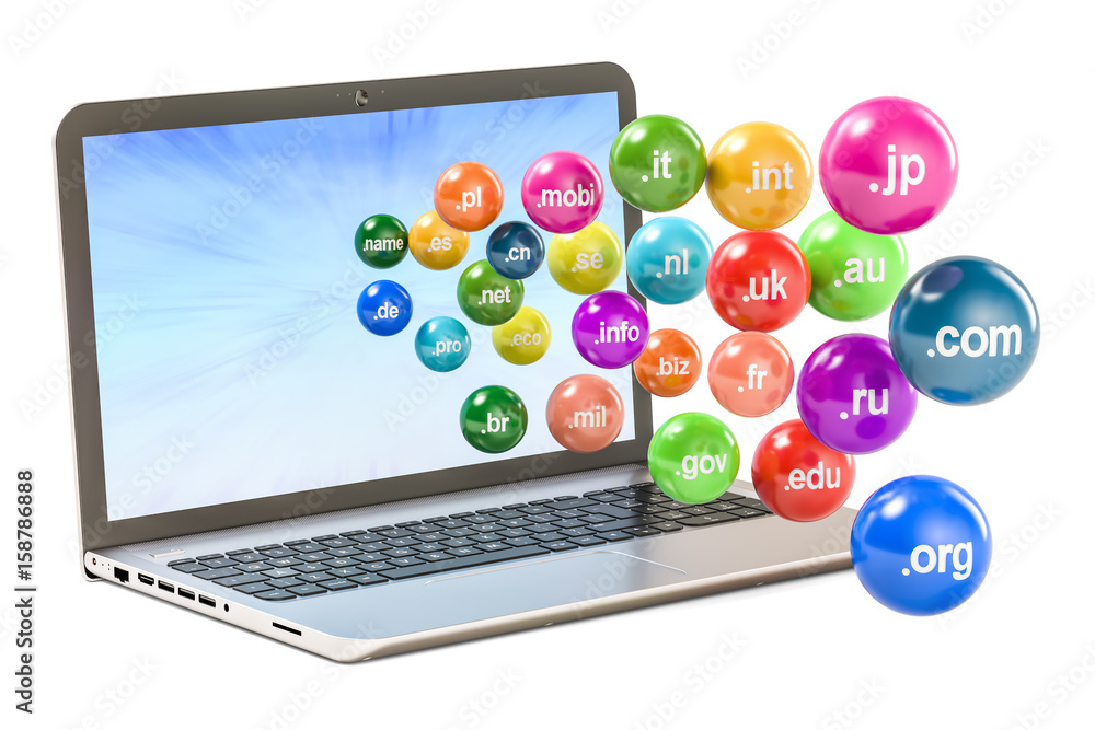 Poster set of colored balls with domain names fly out from laptop, 3d rendering