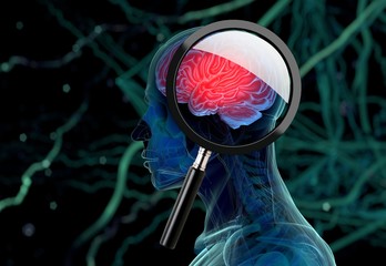 3D medical background with magnifying glass examining brain depicting alzheimers research. 3d illustration