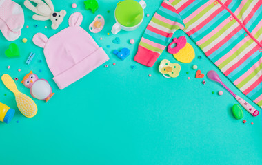 Baby accessories background with copy space