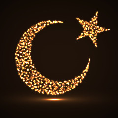 Abstract crescent moon and star of glowing particles. Religion symbol. Vector