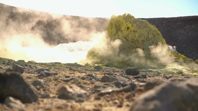 Volcanic activity, sulfur fumarole and hot gas on the slope of Ebeko volcano, Northern Kuriles, Paramushir Island
