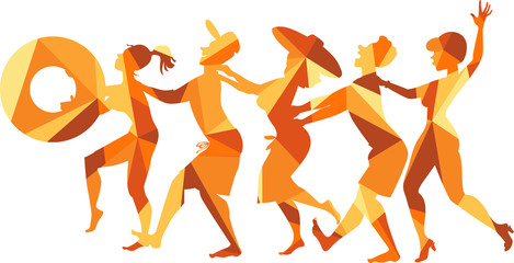 Polygonal vector illustration of a group of friends dancing conga line on a beach, EPS 8, no transparencies  - obrazy, fototapety, plakaty