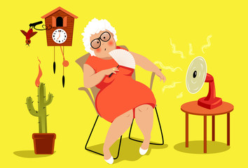 Mature woman sitting in her house in a very hot summer day, suffering a heat exhaustion,  EPS 8 vector illustration, no transparencies