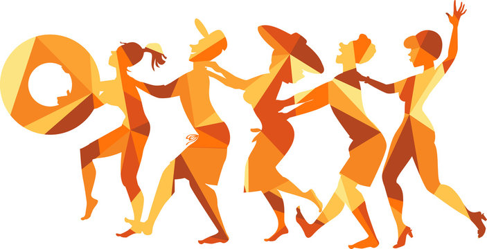 Polygonal vector illustration of a group of friends dancing conga line on a beach, EPS 8, no transparencies 