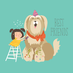 Young lady combing a dog