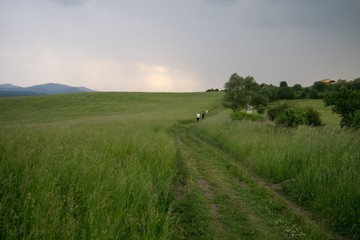 Sunrise and sunset over the hills and town. Slovakia