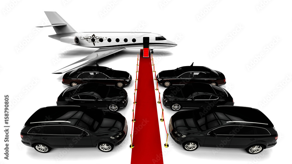Poster high class red carpet travel fleet / 3d render image representing a high class travel fleet with an 