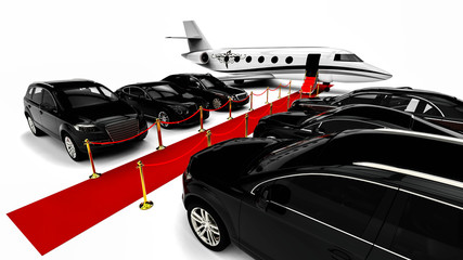 Naklejka premium High class red carpet travel fleet / 3D render image representing a high class travel fleet with an red carpet and a private jet 