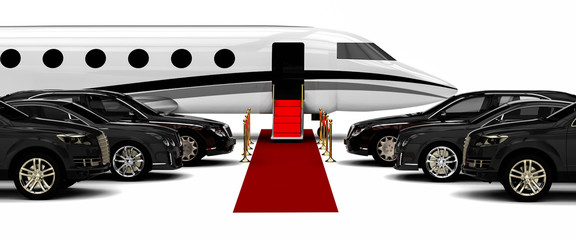 High class red carpet travel fleet  / 3D render image representing a high class travel fleet with an red carpet and a private jet  - obrazy, fototapety, plakaty