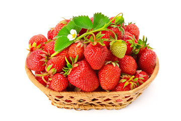 Ripe strawberries with flower in basket isolated on white background