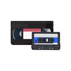 Video and audio cassettes, VHS and audiotape from 90s, sketch vector illustration isolated on white background. Front view of video and audio tape, cassette with empty label sticker from 90s
