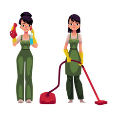 Two cleaning service girls in overalls, one with vacuum cleaner, another washing windows, cartoon vector illustration isolated on white background. Service girls, vacuum cleaning, washing windows