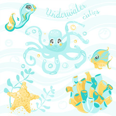 Fototapeta na wymiar Underwater cuties, vector underwater characters set