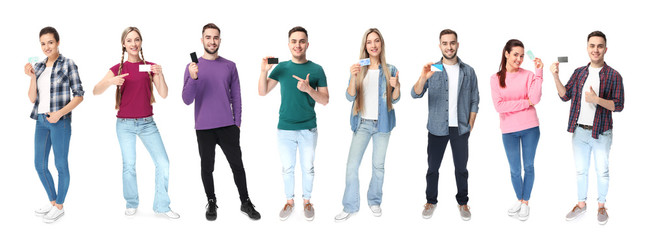 Group of people holding blank business cards on white background