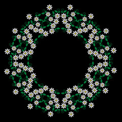 Embroidery stitches imitation round frame with folk white flower and green leaf