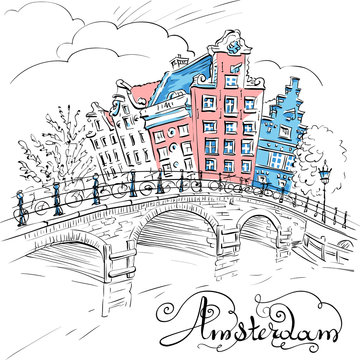 Vector city sketch of Amsterdam canal, bridge and typical houses, Holland, Netherlands.